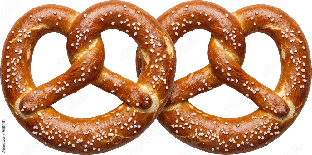 Fototapeta premium Two fresh baked German pretzels with salt isolated on transparent background