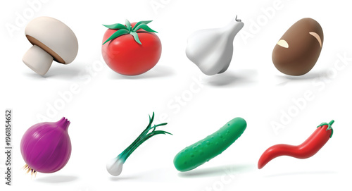 Vegetables isolated 3D vector icon render illustration set with mushroom, tomato, garlic bulb, bean, red onion, green onion, cucumber, and chili pepper
