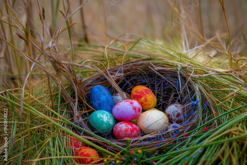 easter eggs in country grass
