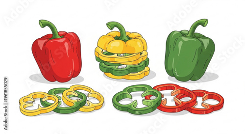 Colorful bell peppers and sliced pepper rings in red green and yellow on white background for cooking and recipe concepts