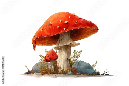 Red fly agaric mushroom with white spots in autumn grass isolated on white background, nature clip art
