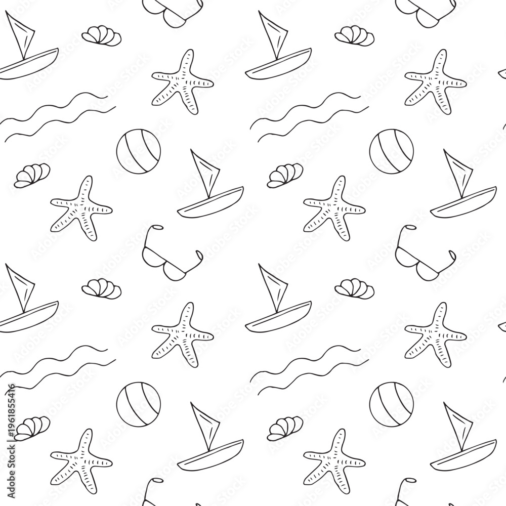 Obraz premium Seamless summer beach pattern with hand-drawn line art icons of sailboats, starfish, beach balls, and seashells on white background