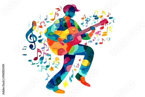 Abstract colorful mosaic illustration of a man playing guitar with music notes isolated on white background

