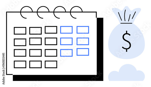 Budgeting, financial scheduling, payment planning, income tracking, savings management, expense control. A calendar alongside a money bag icon. Budgeting and financial scheduling concept