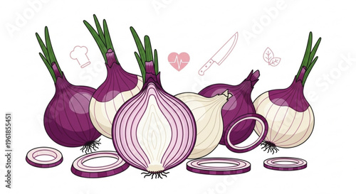Fresh purple onions with green stems and sliced rings on white background for cooking and recipe concepts