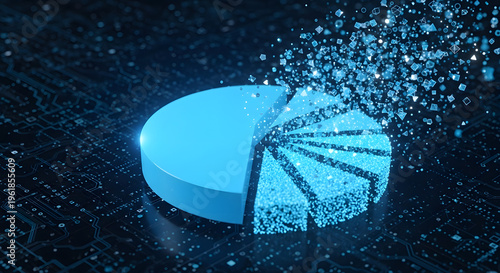 Digital Pie Chart: An innovative visual concept of a pie chart, morphing into particles, symbolizes data transformation and digital innovation. Showcasing data analysis and modern technology.