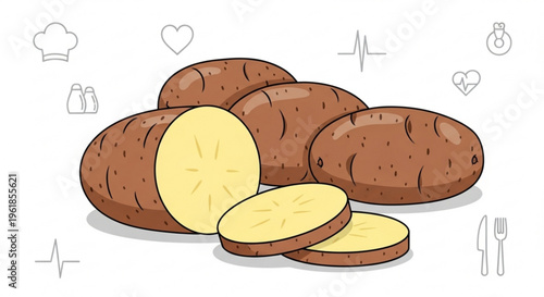 Whole and sliced potatoes with kitchen icons on white background for food and nutrition concepts