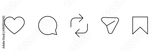 Social media interaction icons including like heart, comment, direct share arrow, and bookmark save set, line art flat style vector illustration.