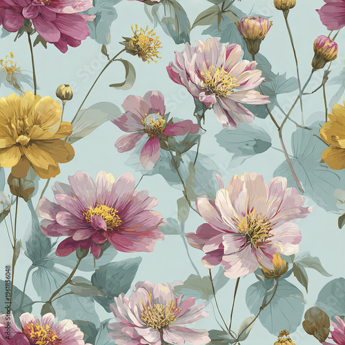 Soft pink and yellow garden flowers with delicate petals and green leaves create light romantic pattern on pale aqua background, evoking gentle and serene feeling