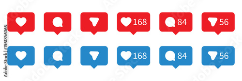 Social media notification icons set including like heart, comment speech bubble, follow user, with numbers on red and blue notification bubbles vector illustration.