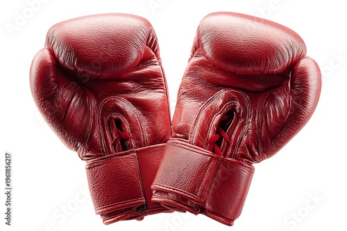 Pair of professional red leather boxing gloves isolated on white background, sports equipment clip art
