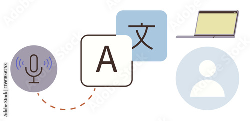 Language translation, online communication, education tools, AI-powered linguistics, speech-to-text services, global audience reach. Microphone, letters laptop user icon. Language translation