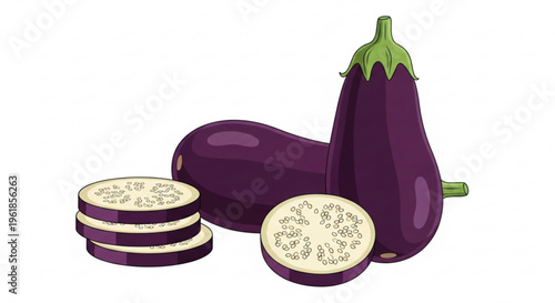 Fresh purple eggplants with slices on white background for healthy eating and cooking concepts