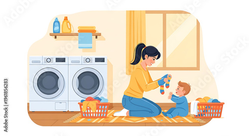 A nurturing mother and her playful baby share a sweet moment amidst daily laundry chores, depicting the warmth of family life and household routines