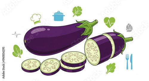 Whole and sliced purple eggplants with green leaves and utensils for cooking and healthy eating