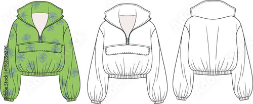 Cropped pullover jacket front and back view, half zip high collar, elastic hem, technical fashion flat, cad drawing flat vector illustration