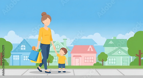 Mother and child walking on sidewalk with shopping bags in a suburban neighborhood