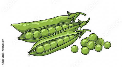 Fresh green peas pods and loose peas on white background illustration of healthy food