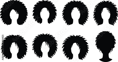 Curly afro hairstyle silhouette set, natural black woman hair shapes, beauty fashion concept, female head vector illustration, hairstyle collection isolated design