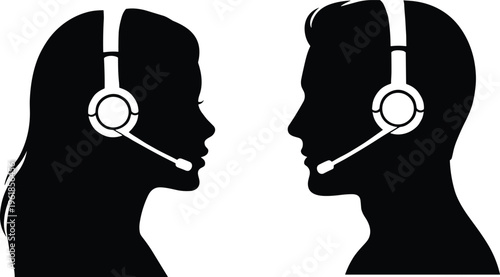 Customer service silhouettes, headset communication, call center teamwork, support agents talking, professional interaction, tech support, business communication, help desk collaboration