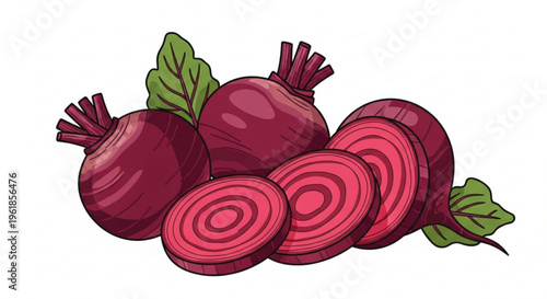 Beets with sliced red roots and green leaves on white background healthy food concept