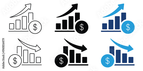 Financial bar chart icons showing rising and falling market trends with dollar currency coin, growth and loss arrow set vector illustration.