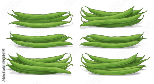 Fresh green pea pods arranged in rows on white background healthy food concept with vibrant vegetable pods