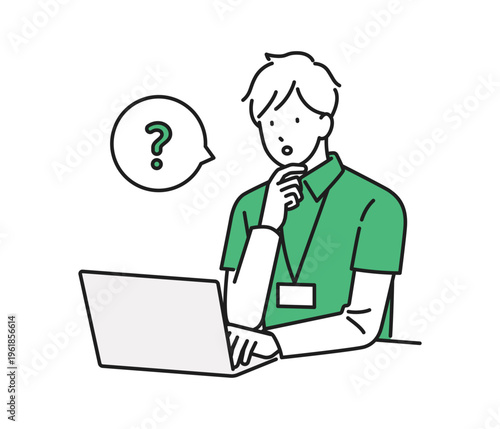 イラスト素材：ノートパソコンの前で考え事をする男性介護職員