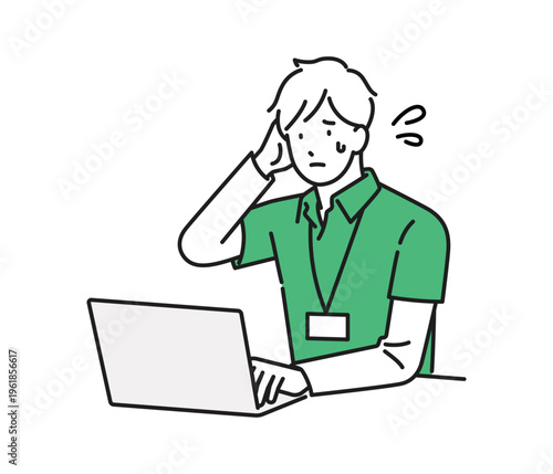 イラスト素材：デスクワーク中に困っている男性介護職員