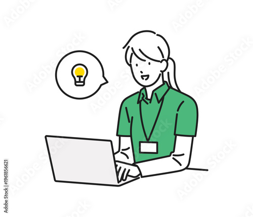 イラスト素材：デスクワーク中にアイデアをひらめいた女性介護職員