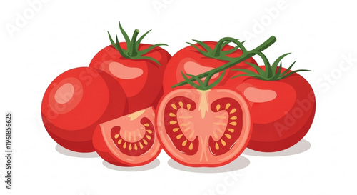 Fresh ripe tomatoes with green stems on white background sliced and whole vibrant red color