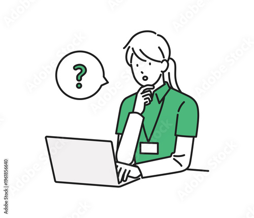 イラスト素材：ノートパソコンの前で考え事をする女性介護職員