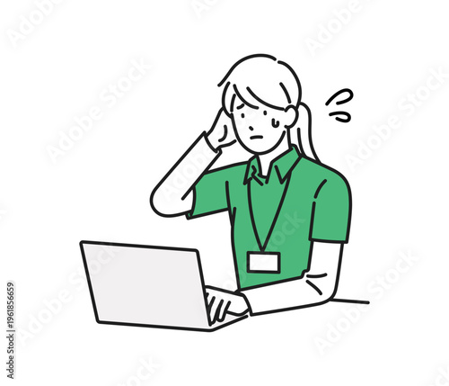 イラスト素材：デスクワーク中に困っている女性介護職員