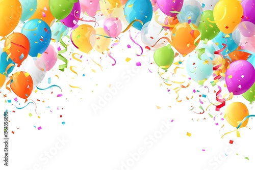 Colorful party balloons and confetti border on white background with copy space for text
