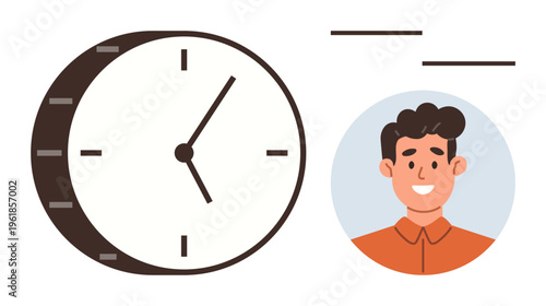 Productivity, scheduling, time management, efficiency, work-life balance, professionalism. Clock and smiling person avatar with a modern design. Time management and productivity