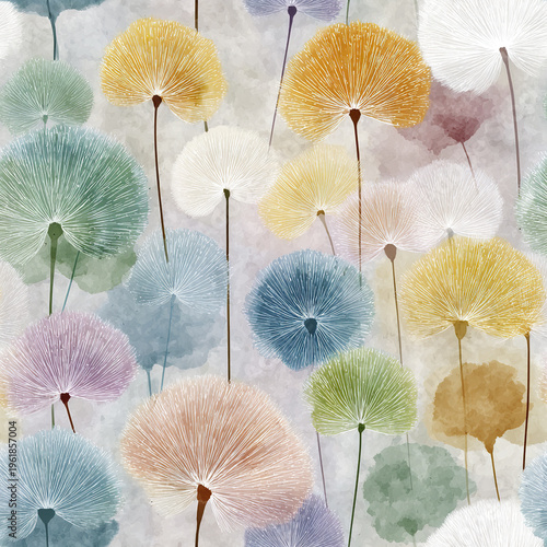 Soft pastel dandelion pattern with delicate watercolor effect, featuring gentle blue, green, yellow, and white floral elements creating calm and airy meadow design