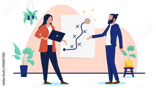Businesswoman and bearded businessman discussing a strategic roadmap on a chart, corporate planning to reach target and success milestones, startup strategy, flat design vector illustration