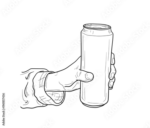 A hand holds a tin can of soda, a hand-drawn sketch. vector illustration. A can of beer in the palms, the drawing is isolated on a white background