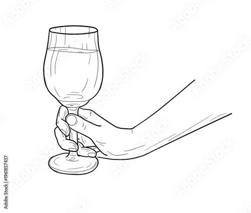 a woman's hand holds a glass of wine, a hand-drawn sketch. Vector illustration. A champagne flute in her fingers, the drawing is isolated on a white background