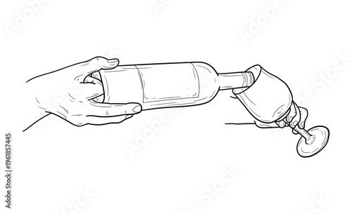 Hands pouring wine from a bottle into a glass, hand-drawn sketch. Vector illustration. Hands of a waiter or bartender, a champagne flute, the drawing is isolated on a white background