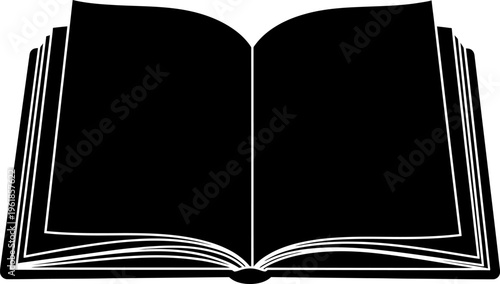 Open book icon, silhouette style, representing knowledge, learning, and education, black and white