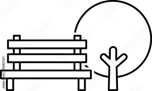 Park bench icon next to a tree, simple line art, representing outdoor leisure and relaxation, outline art