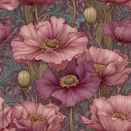 Vintage floral seamless pattern with luxury art nouveau style pink and purple poppy flowers, detailed petals and leaves creating refined elegant design full of natural beauty and charm
