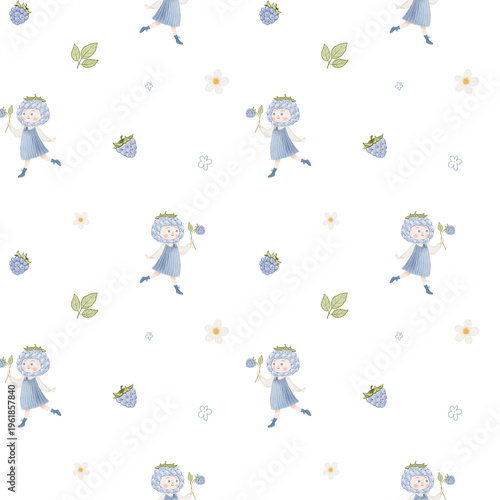 Watercolor seamless pattern with Cute little watercolor girl and blackberry