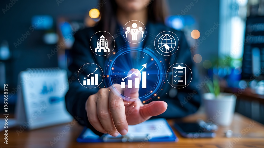 Obraz premium Business analytics concept with digital interface icons and data growth visualization technology 