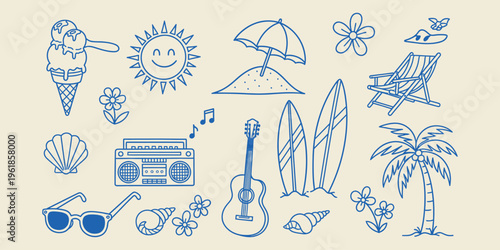 Summer vacation icon set with beach and tropical elements