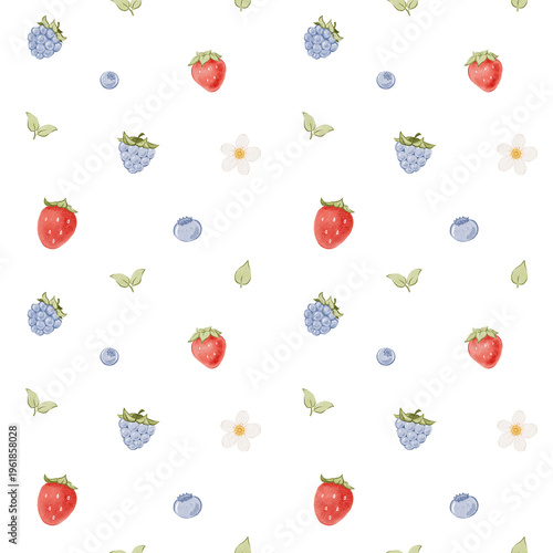 Watercolor seamless pattern with strawberries, blueberry,  blackberry and flowers