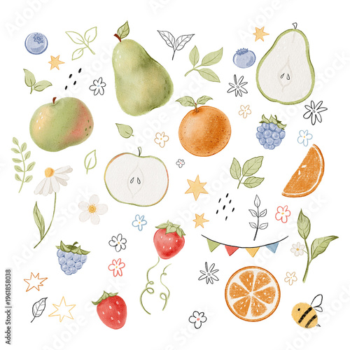 Watercolor set of fruit and berry illustrations: strawberries, blueberries, blackberries, apples, pears, and oranges. Cute children's clip art