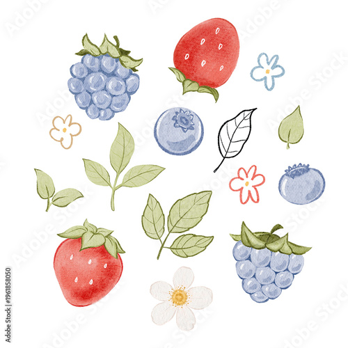 Set of watercolor illustration with different berries. Kids clipart