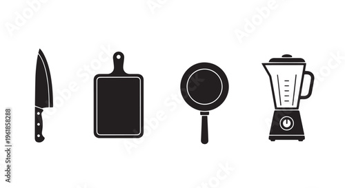Cooking Tools Icon Set with Chef Knife, Cutting Board, Frying Pan, and Blender in One Row, Clean Black Silhouettes